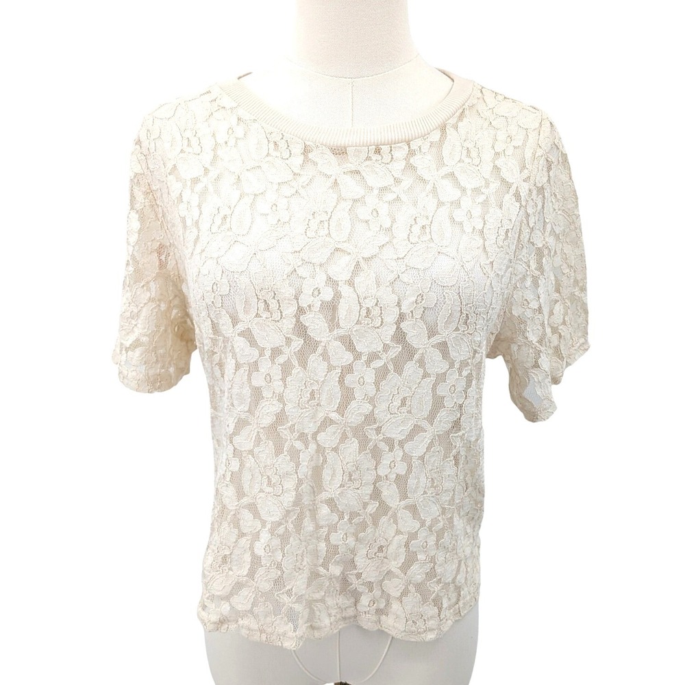 C + J Collection Cream Lace Top Sheer‎ Corset Back Short Sleeve Women's L